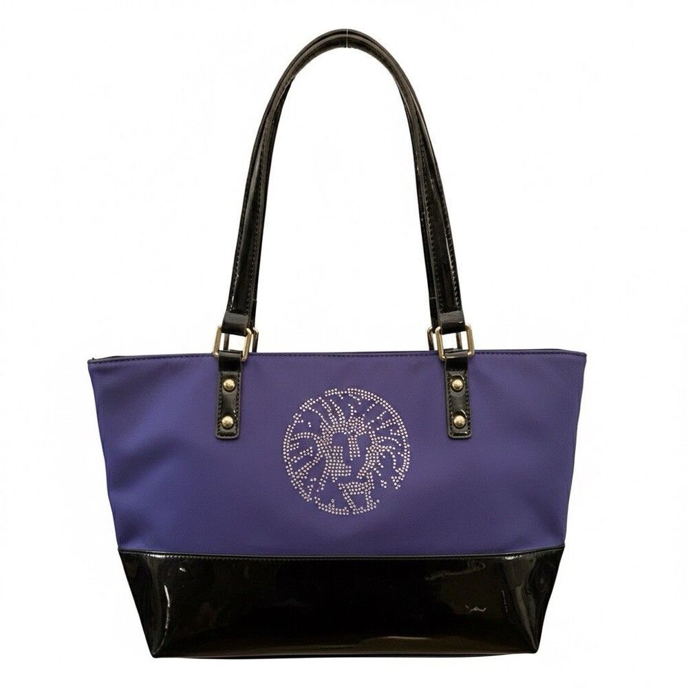 Anne Klein Purple Nylon Tote Black Patent Trim Rhinestone Lion Y2K Style